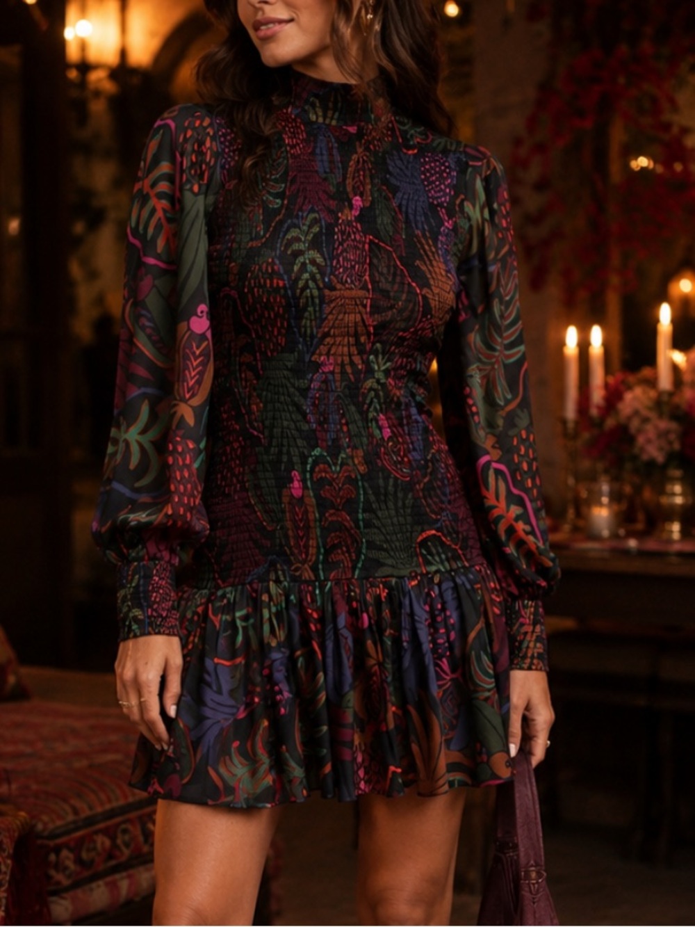 FARM Rio Dark Multi Floral-Print Smocked Mini Dress